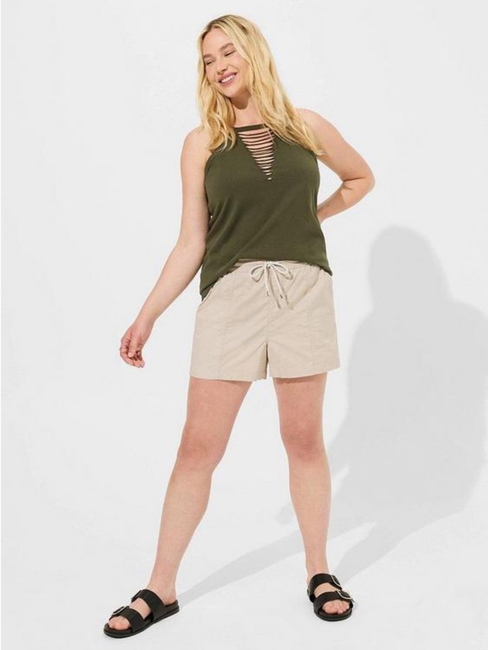 Torrid - Pull on High Rise Poplin Yacht Beige Drawstring Bermuda Shorts, Size 1X